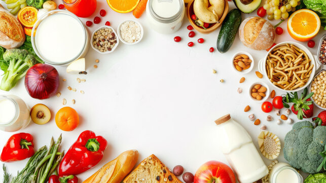 A vibrant assortment of fresh, healthy foods including fruits, vegetables, dairy, and grains arranged as a frame on a white background.