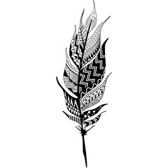Intricate black and white zentangle style feather illustration with detailed patterns and abstract designs.