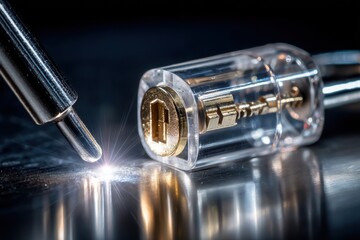Obraz premium Precision engineering of a transparent padlock with a shiny key and metallic background