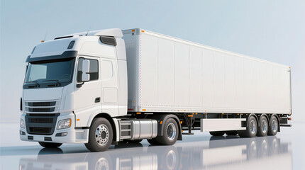White truck with a trailer on a light background. Modern transport is ideal for logistics and cargo transportation. A great solution for import and export business.