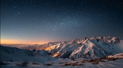 Obraz premium A breathtaking night sky filled with glowing stars above snowy mountains, cinematic landscape