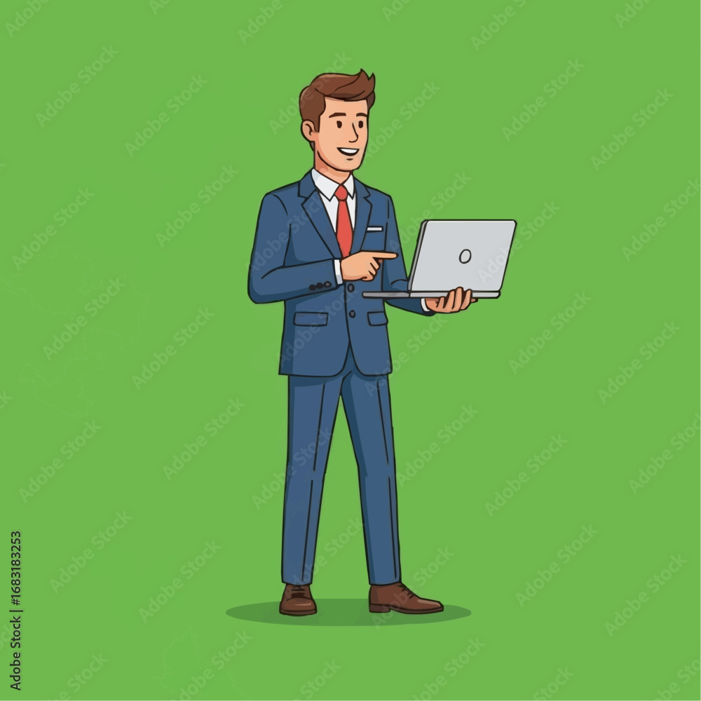 Poster man in suit pointing at laptop computer on green background.
