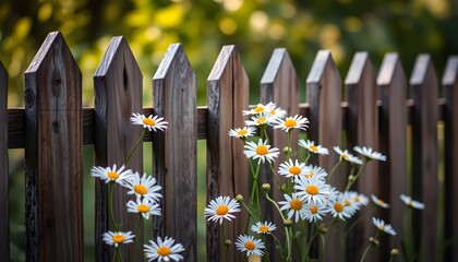 A rustic wooden fence with pointed tops is adorned with blooming white daisies against a blurred green background.