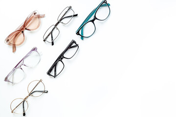 Stylish eyeglasses with lenses on white. Eye care and protection concept