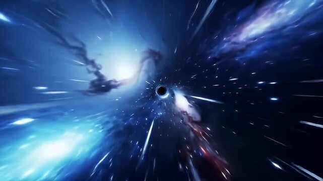 Hyperspace Journey Through a Cosmic Tunnel: Deep Blue Nebula and Bright White Star Trails in a Dark Universe.  High Speed Flight Through Galactic