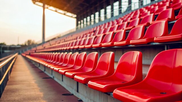 Multiple rows of red grandstands in the open air. The photo conveys the atmosphere of anticipation of the event. Perfect for arena, match and show themes.