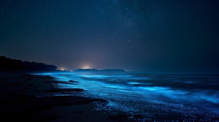 A calm beach illuminated by stars and bioluminescent waves, surreal natural style, 