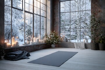 Cozy yoga room with snow-dusted views