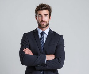 A confident, professional man in a dark suit stands, arms crossed, against a neutral backdrop.