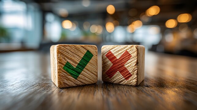 Two wooden blocks, one with a green checkmark and one with a red X, sit on a polished table in a modern office, symbolizing decision-making.