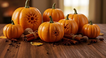 Cozy autumn harvest pumpkins and spices create warm holiday ambiance on rustic wooden table