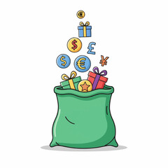 A cartoon green sack overflowing with international currency coins and colorful wrapped gift boxes, symbolizing wealth and rewards.