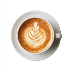 Comforting hot coffee with beautiful latte art white mug saucer, flat lay view, inviting