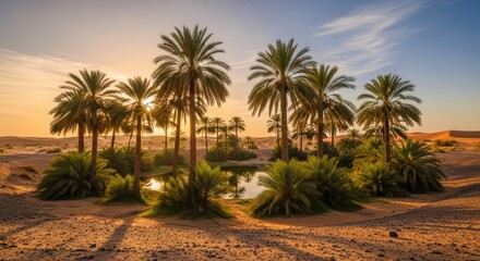 Serene desert oasis with palm trees and reflective water at sunset