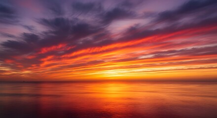 Obraz premium Stunning vibrant sunset paints the sky with fiery oranges, reds, and purples over calm water