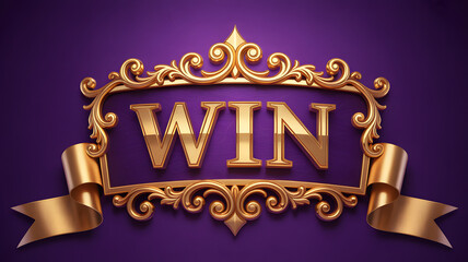 Golden WIN emblem with ornate frame and ribbon against a royal purple background
