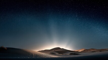 A desert night with endless stars, dunes glowing under moonlight, 
