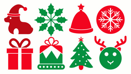 Naklejka premium Vector art of a set of festive christmas icons featuring reindeer, snowflakes, gifts, and a christmas tree, , perfect for holiday designs