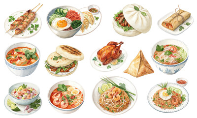 Watercolor Vector Set of Asian Cuisine Dishes and Street Food — Noodles, Dumplings, Pho, Bao, Laksa