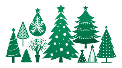 Vector art of a festive collection of various green christmas trees, perfect for holiday decorations and seasonal designs