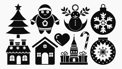 Obraz premium Vector art of minimalist christmas decoration set with various holiday elements like tree, ornaments, snowflakes, santa, snowman, house in black silhouette style