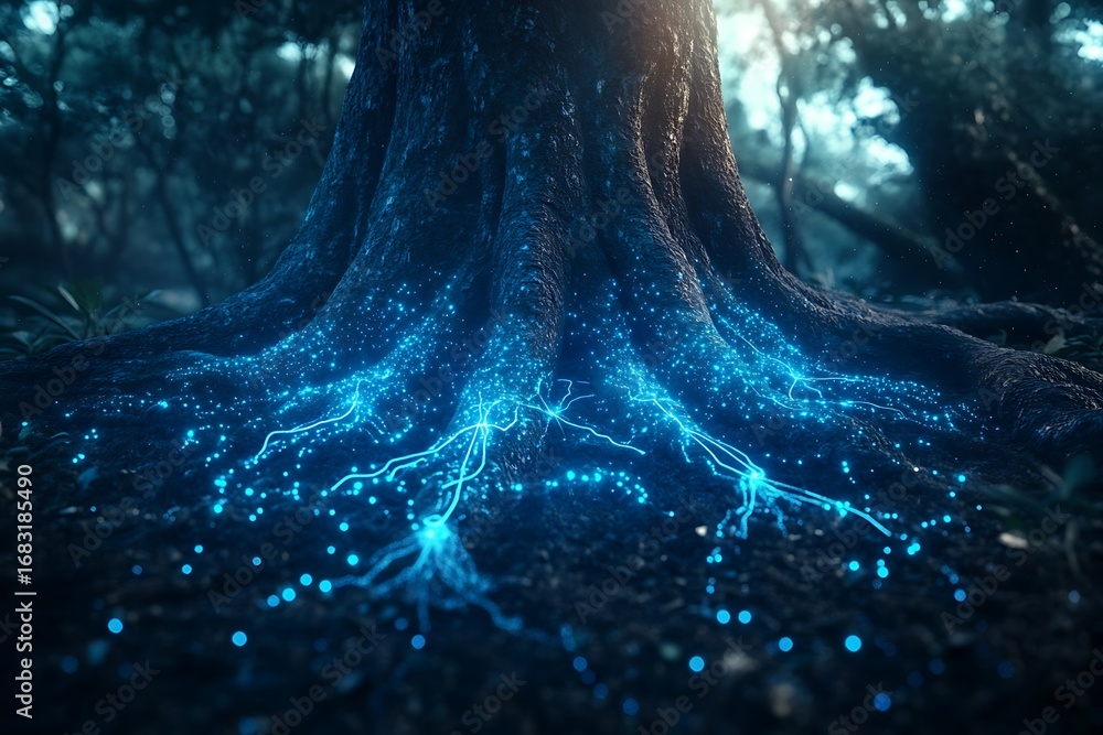 Poster a luminous artificial core integrated into the center of a towering tree