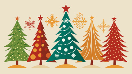 Obraz premium Vector art of colorful christmas trees and snowflakes in retro style for holiday season, perfect for greeting cards, invitations, and festive designs