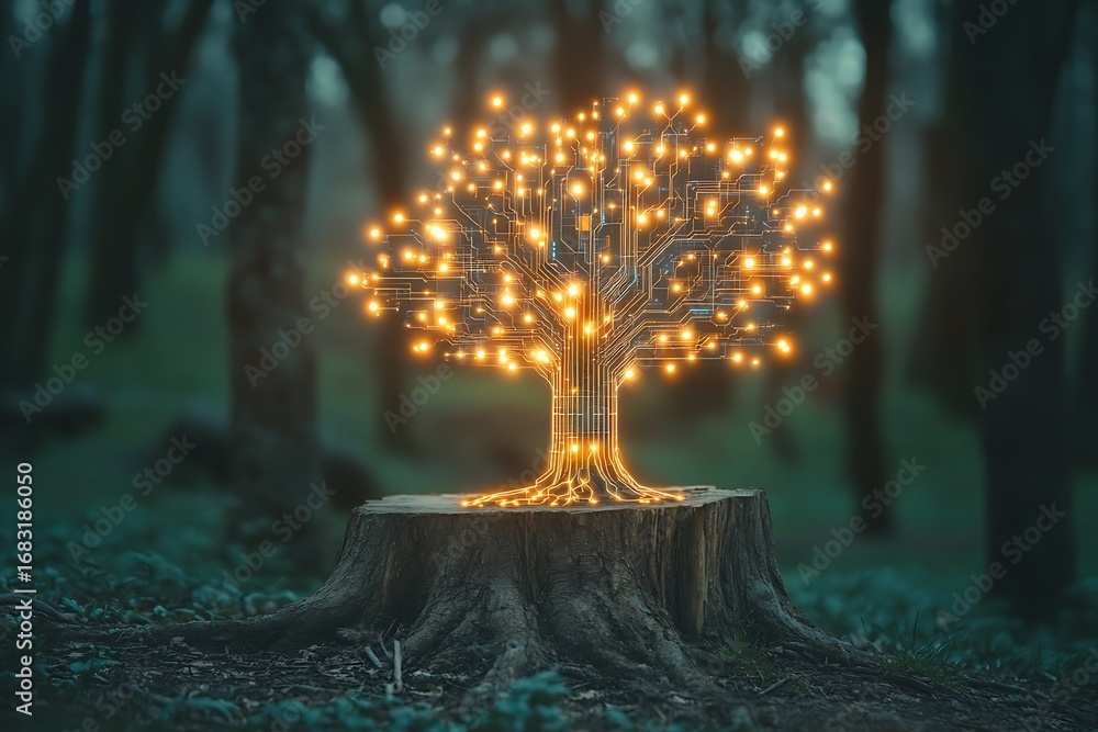 Poster a radiant virtual tree formed from luminous rays and flowing code