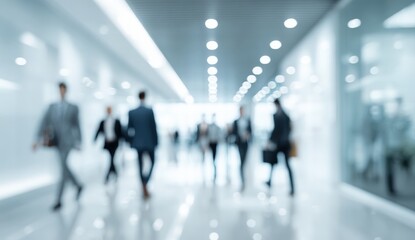 Blurred view of business people walking in a modern office hallway