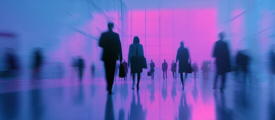 Blurred silhouettes of people walking in a brightly lit hallway