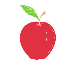 A simple vector illustration of a ripe red apple with a single green leaf and a brown stem.