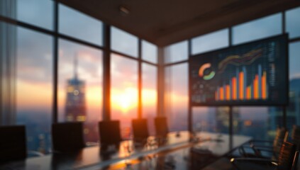 Blurred panoramic view of a modern conference room with city skyline sunset