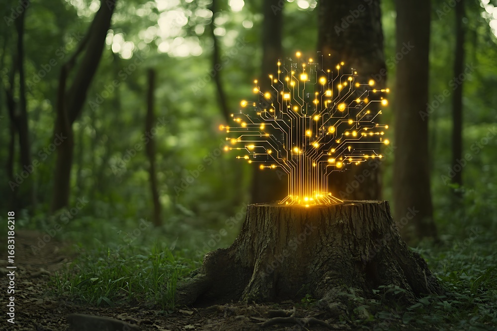 Poster a bright holographic tree created using streams of light and data