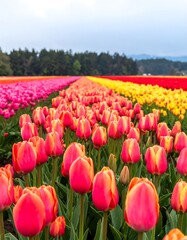 Vibrant tulip field in rows