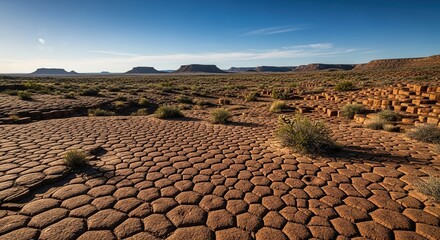 Fototapeta premium Cracked Earth Landscape with Distant Mesas Under a Clear Blue Sk
