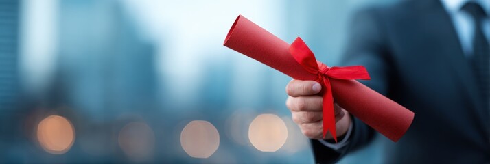 Businessman holding a graduation diploma