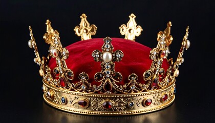 Fototapeta premium Gold crown with red jewel accents on an elegant black background