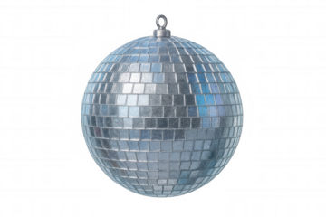 Silver disco ball spinning, casting sparkling reflections, generating vibrant party ambiance against transparent backdrop