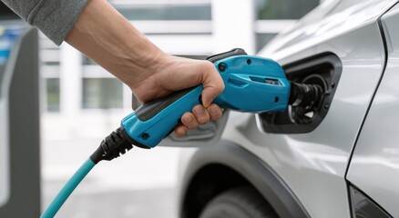 Person charging an electric vehicle