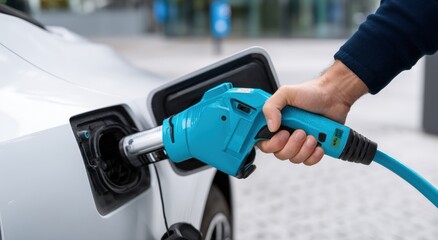 Electric car charging in progress. Close-up of a hand inserting the charging cable into a vehicle