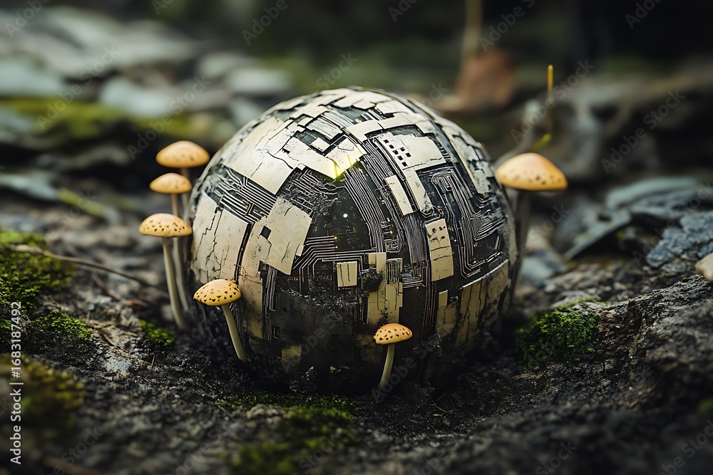 Poster a damaged spherical device with circuits exposed scattered across the surface