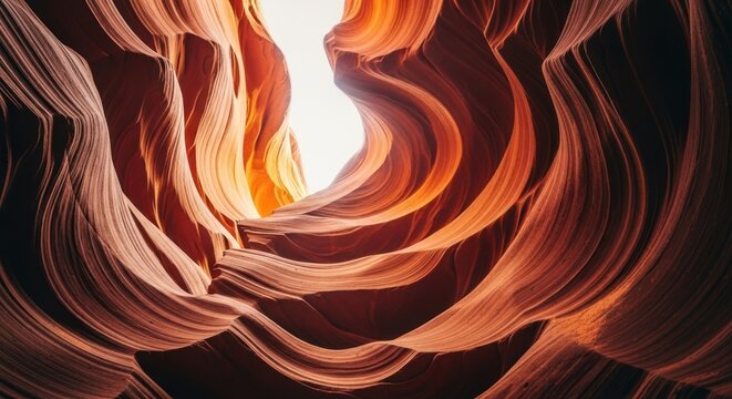 A captivating view down a slot canyon, showcasing the intricate curves and warm hues of sandstone.  Sunlight streams from above