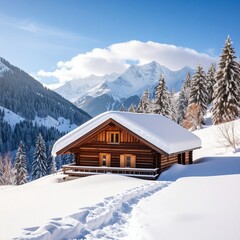 Fototapeta premium Cabin in the snowy forest with mountains and trees