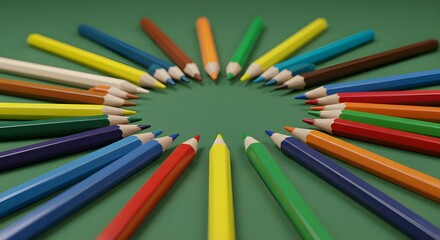 Vibrant colored pencils arranged in a circle on a green background, inspiring creativity and learning
