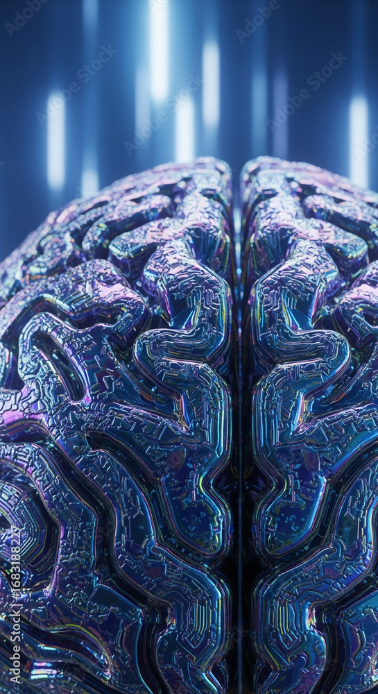 Aufkleber close-up of a metallic brain model with iridescent texture, showcasing intricate details symbolizing