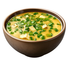 Delicious miso soup with tofu and scallions served in a brown bowl perfect for a healthy and comforting meal on a cold day a culinary delight on transparent background