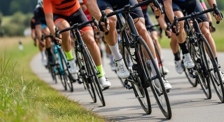 Cyclists riding in close formation during outdoor race on rural road with teamwork, speed and endurance in competitive summer sports event