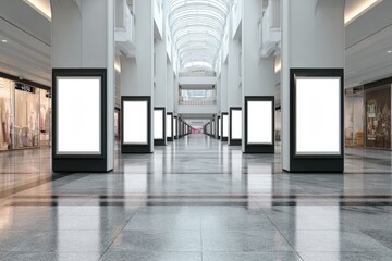 Empty shopping mall hallway with blank advertisement boards