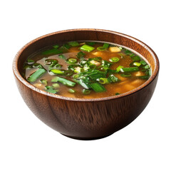 Miso soup with tofu and green onions served in a wooden bowl against a showcasing japanese cuisine and healthy eating habits for lunch or dinner on transparent background