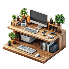Modern wooden desk setup featuring a computer keyboard mouse printer books and decorative plants creating a stylish and organized workspace area on transparent background